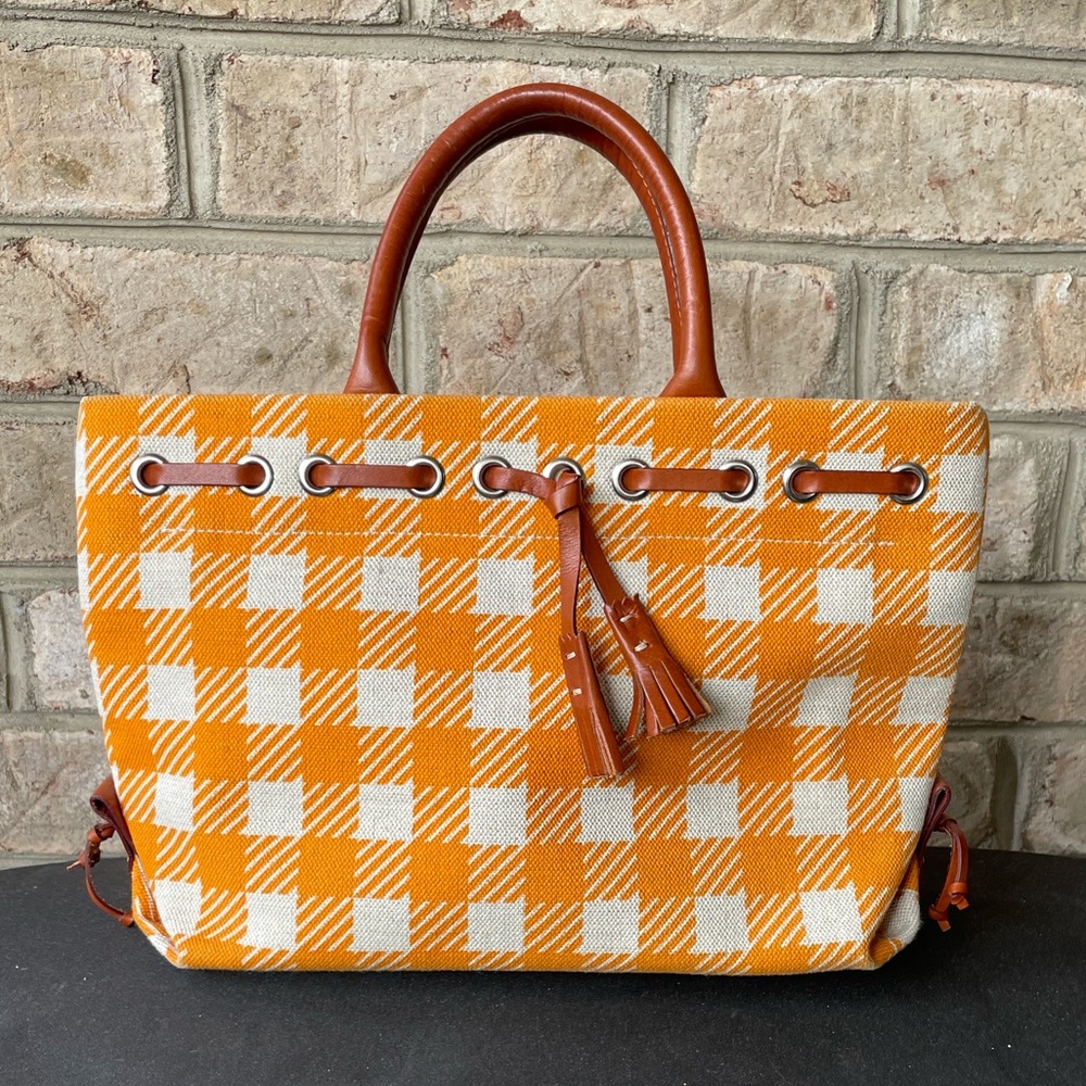 Dooney & Bourke Orange Checkered Tote with Brown Tassel Accents